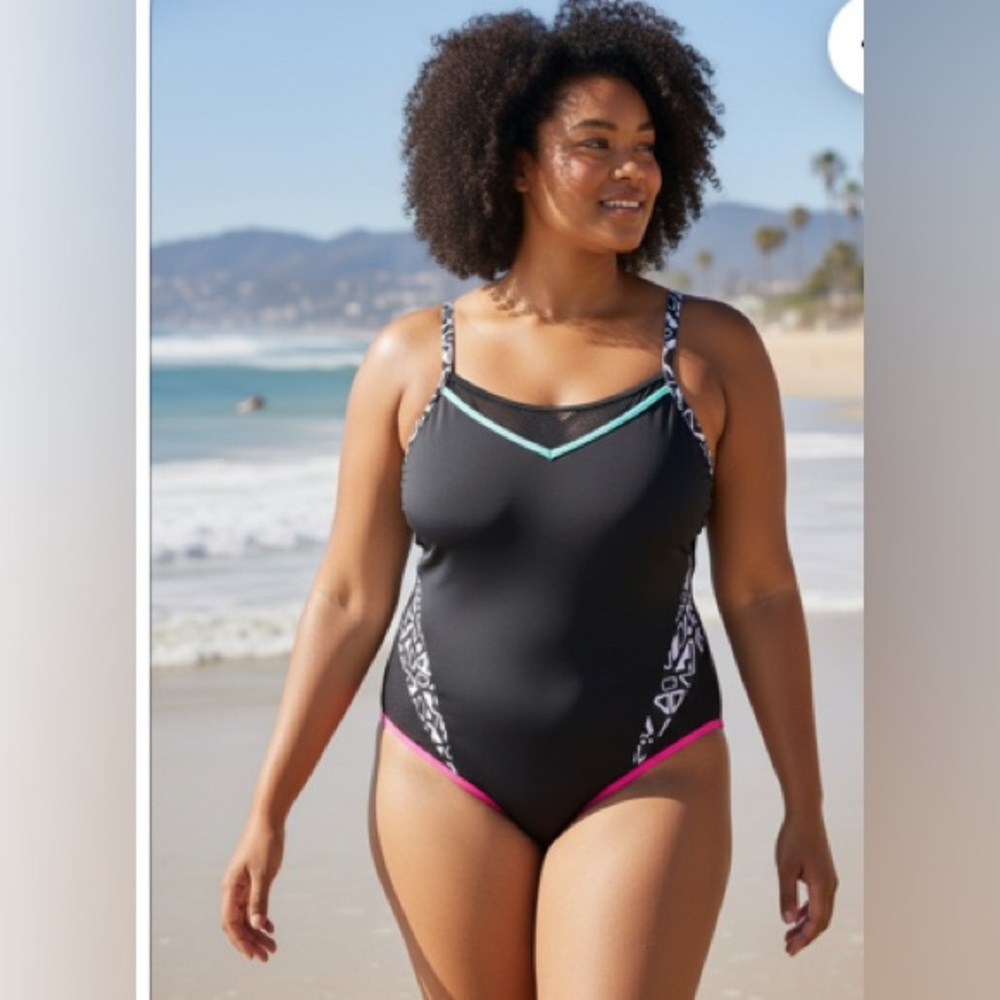 Nola Black One Piece Swimsuit Sz 18  Mesh Panels Built in Bra Pool Beach Resorts